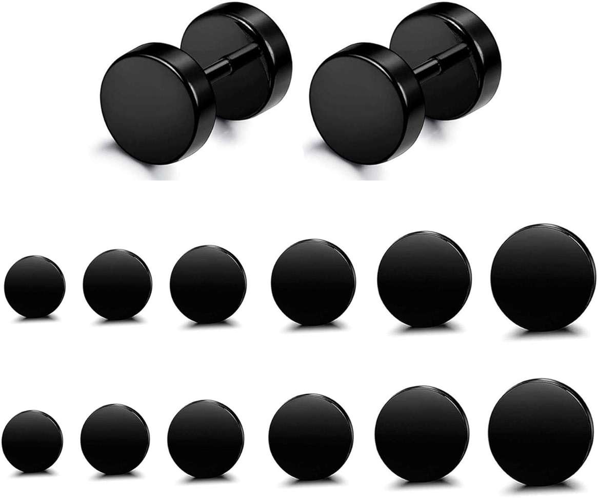 FIBO STEEL 6 Pairs Stainless Steel Black Stud Earrings for Men Women Faux Gauges Ear Tunnel Fake Gauge Earrings 3-8mm - Image 1