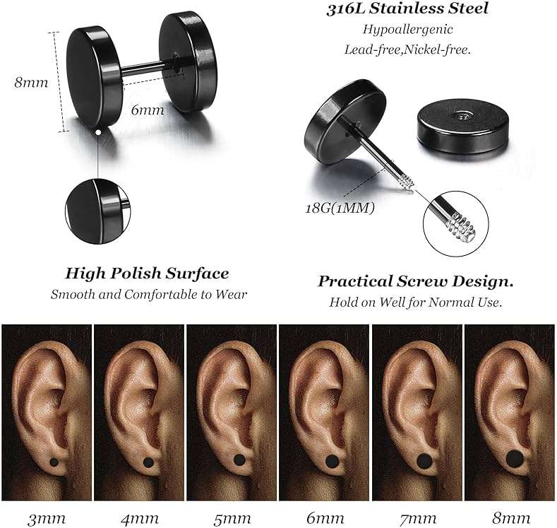 FIBO STEEL 6 Pairs Stainless Steel Black Stud Earrings for Men Women Faux Gauges Ear Tunnel Fake Gauge Earrings 3-8mm - Image 2
