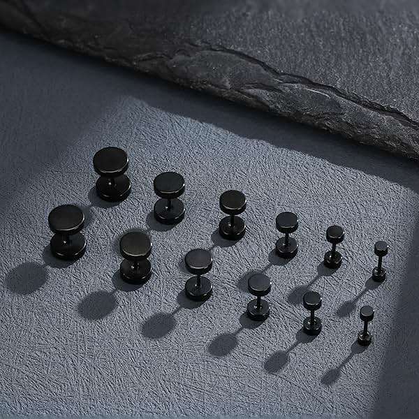 FIBO STEEL 6 Pairs Stainless Steel Black Stud Earrings for Men Women Faux Gauges Ear Tunnel Fake Gauge Earrings 3-8mm - Image 6