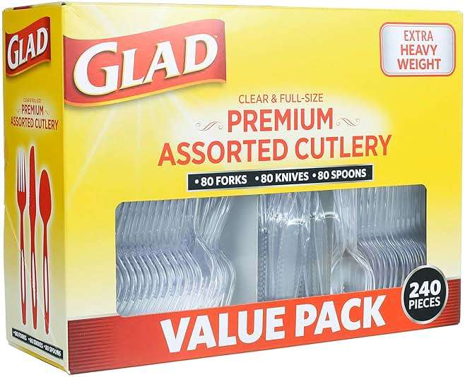 Glad Clear Disposable Cutlery Set with Heavy Duty Plastic Forks, Knives, and Spoons, Reusable Dishwasher Safe Plastic Utensils for Parties and Everyday Use, 240 Count - Image 1