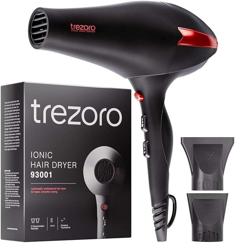 TREZORO Professional Hair Dryer, Ionic Ceramic Tourmaline Technology, 2000W Fast Quiet Drying, with Narrow & Wide Concentrator Nozzles, 3 Heat & 2 Speed Settings, Cool Shot Button, Black - Image 1