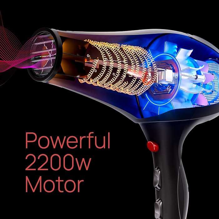 TREZORO Professional Hair Dryer, Ionic Ceramic Tourmaline Technology, 2000W Fast Quiet Drying, with Narrow & Wide Concentrator Nozzles, 3 Heat & 2 Speed Settings, Cool Shot Button, Black - Image 6
