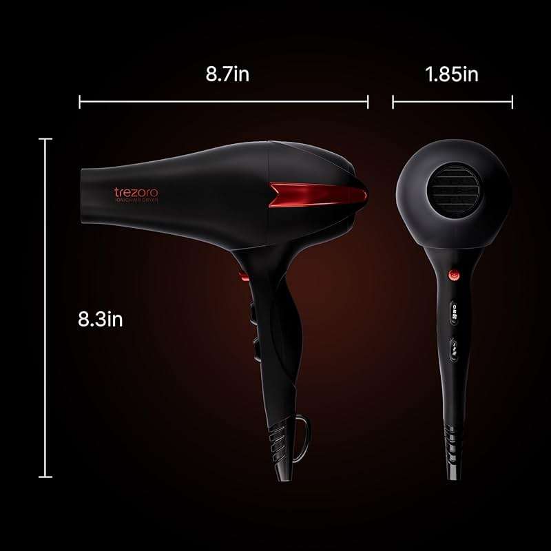 TREZORO Professional Hair Dryer, Ionic Ceramic Tourmaline Technology, 2000W Fast Quiet Drying, with Narrow & Wide Concentrator Nozzles, 3 Heat & 2 Speed Settings, Cool Shot Button, Black - Image 7