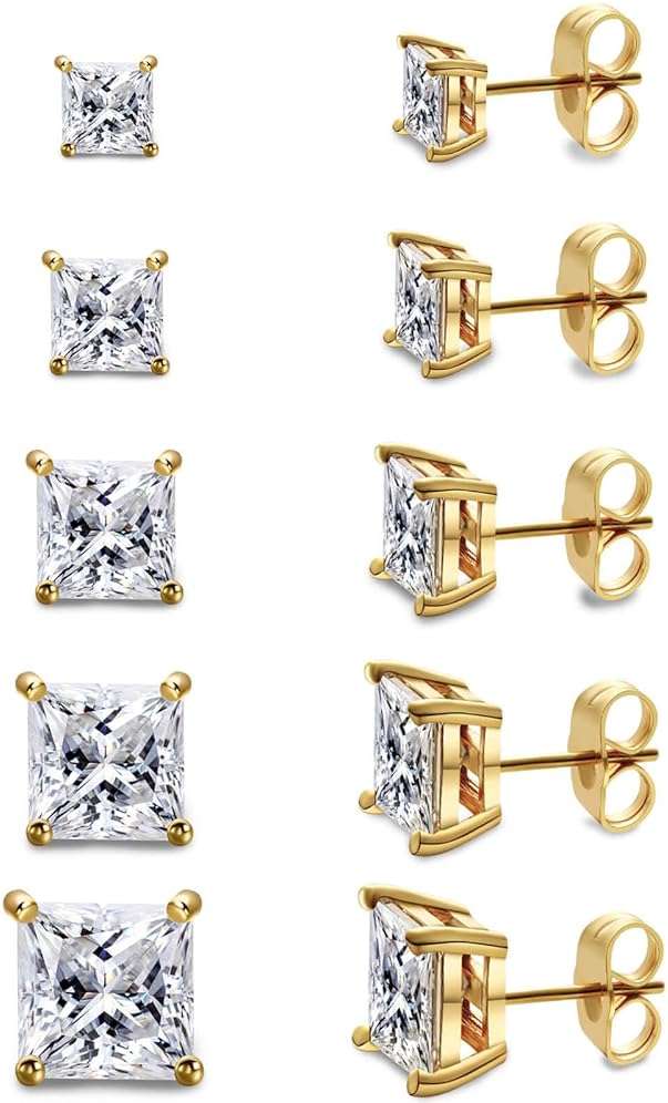 Gemsme 5 Pairs Princess Cut Cubic Zirconia Stud Earrings for Women/Men - 18K Gold Plated Hypoallergenic 3-7mm Square Clear CZ Earring Set - Image 1