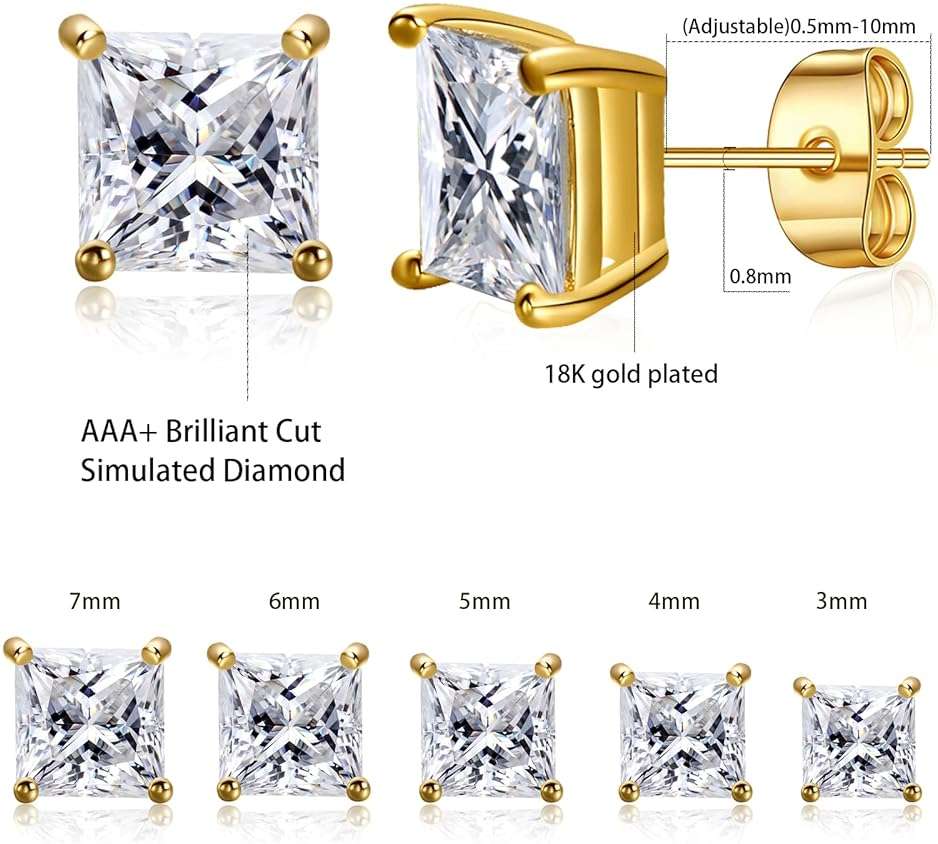Gemsme 5 Pairs Princess Cut Cubic Zirconia Stud Earrings for Women/Men - 18K Gold Plated Hypoallergenic 3-7mm Square Clear CZ Earring Set - Image 2