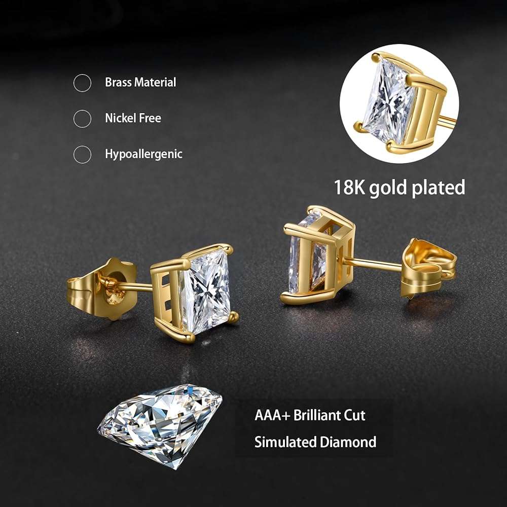 Gemsme 5 Pairs Princess Cut Cubic Zirconia Stud Earrings for Women/Men - 18K Gold Plated Hypoallergenic 3-7mm Square Clear CZ Earring Set - Image 3