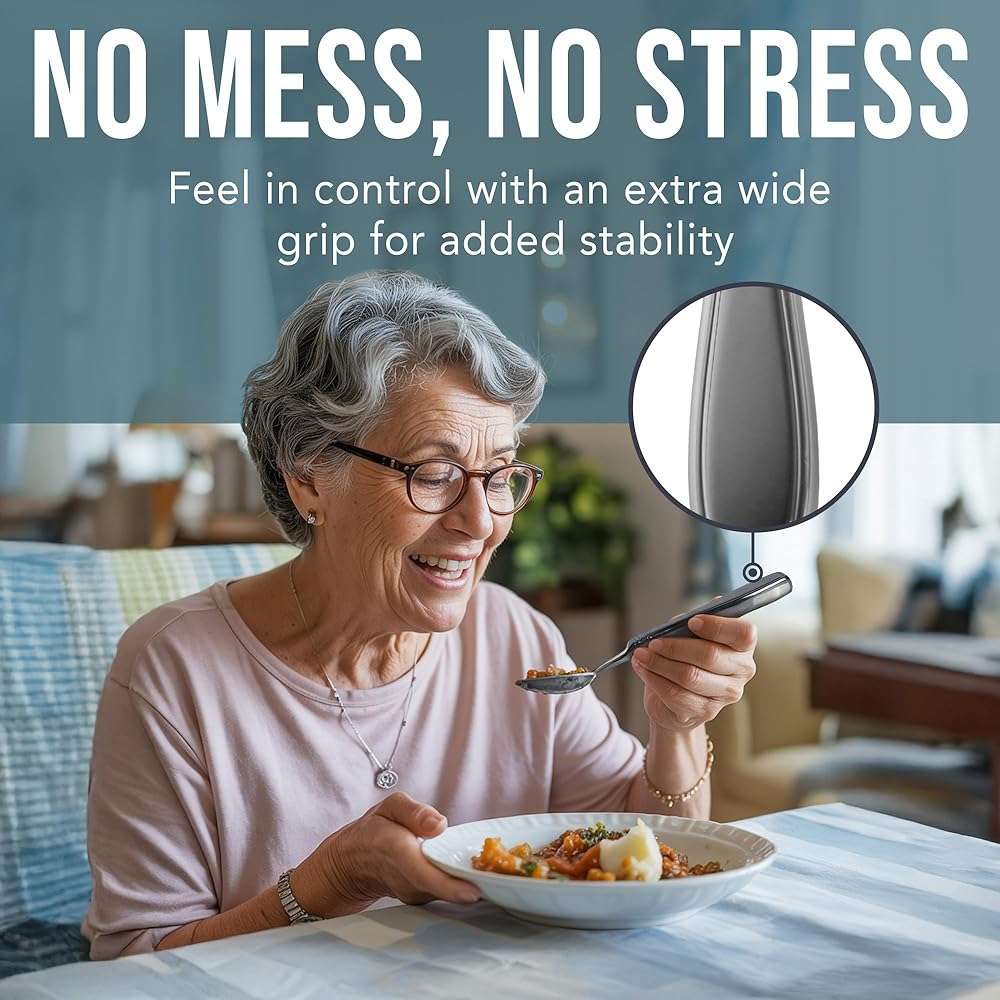 BUNMO Adaptive Utensils for Elderly | Weighted Utensils for Hand Tremors, Parkinsons, Arthritis | Handicap Silverware Built Up Utensils for Adults | Assistive Eating Utensils | Adaptive Silverware Set - Image 4
