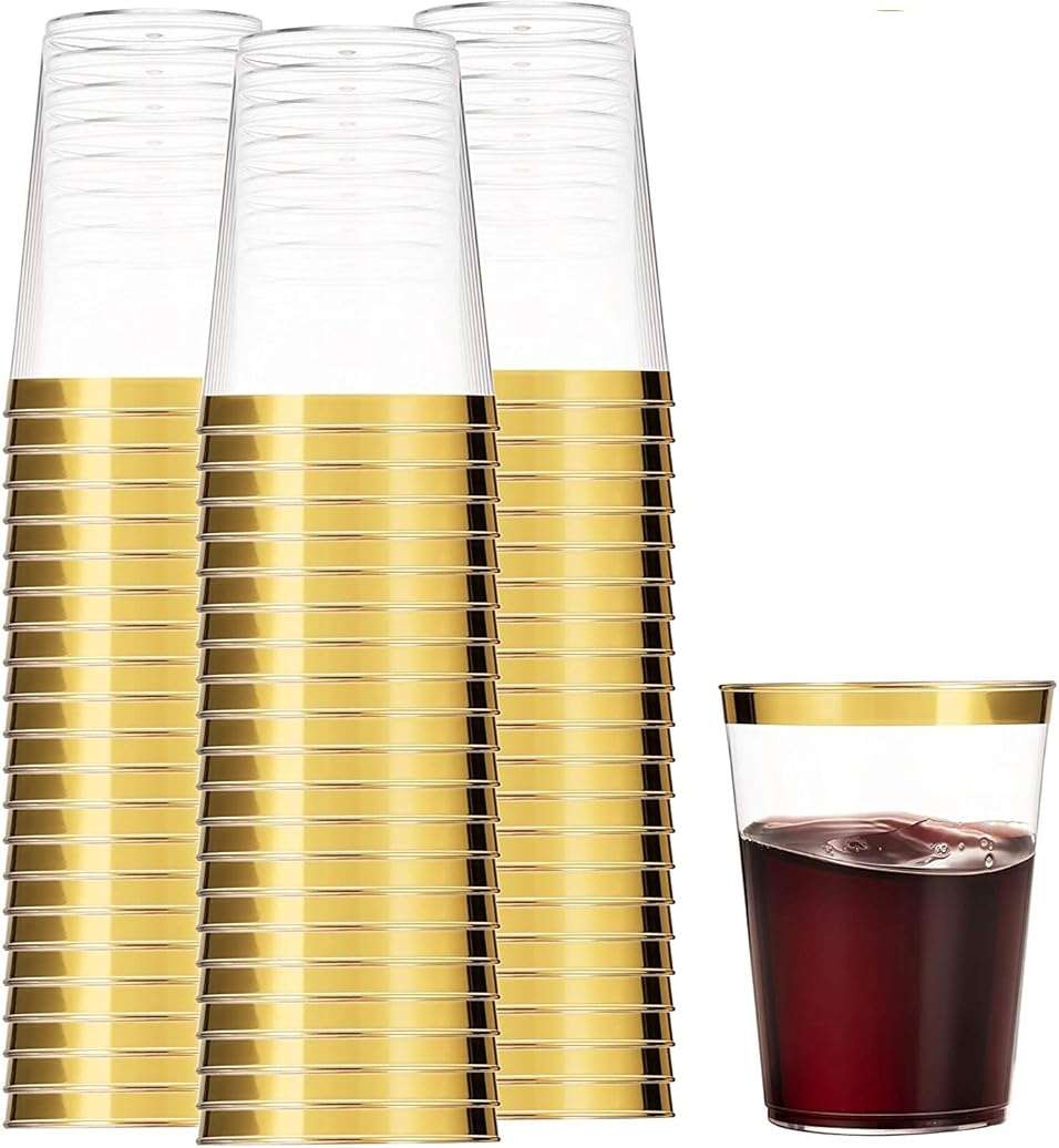 Munfix 100 Gold Plastic Cups 14 Oz Clear Tumblers Gold Rimmed Fancy Disposable Wedding Elegant Party Cups with Gold Rim - Image 1