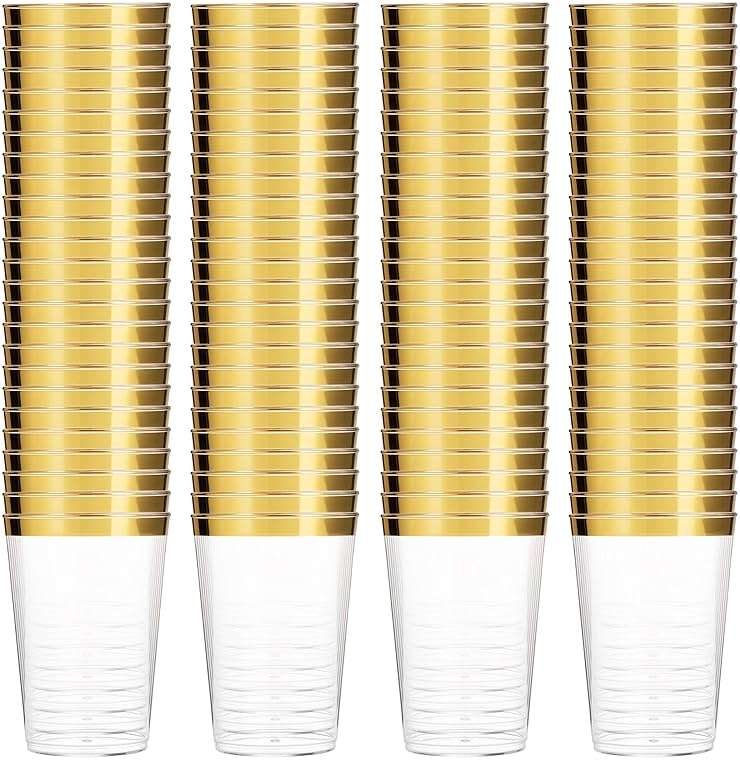 Munfix 100 Gold Plastic Cups 14 Oz Clear Tumblers Gold Rimmed Fancy Disposable Wedding Elegant Party Cups with Gold Rim - Image 10