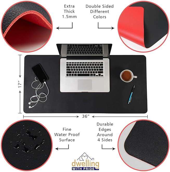 Leather Desk Mat - Reversible PU Leather, Waterproof, Non-Slip Desk Pad for Office & Home, Large Mouse Pad, Desk Organizer, Desk Blotter (36" x 17") - Black/Red - Image 2