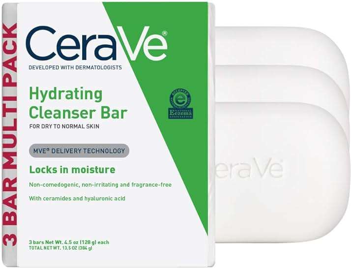 CeraVe Hydrating Cleanser Bar, Soap-Free Body and Facial Cleanser with 5% Moisturizing Cream, Fragrance-Free, 3-Pack, 4.5 Ounce Each - Image 1