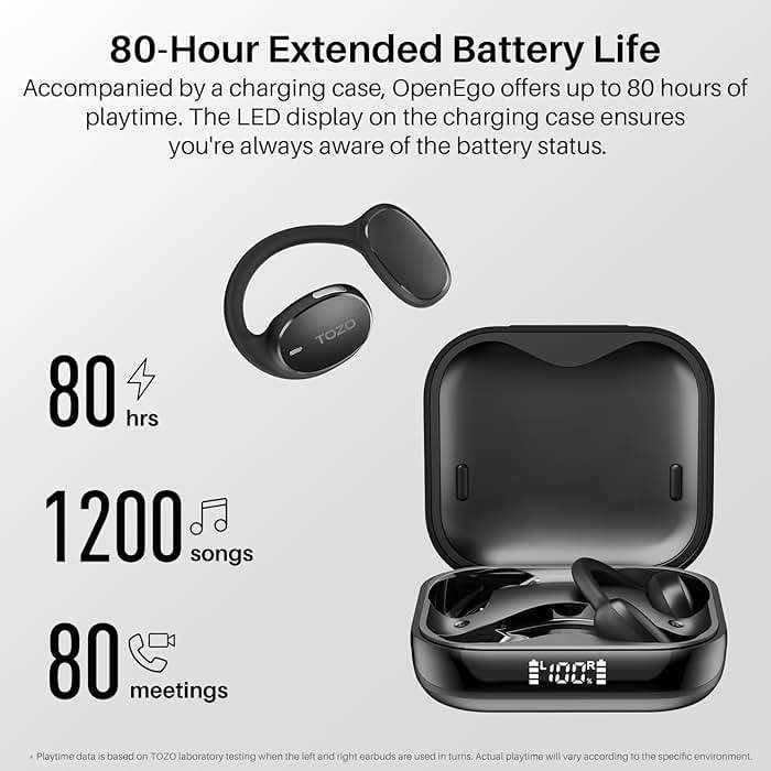 TOZO OpenEgo Open Ear Earbuds Bluetooth Headphones, 5.3 Bluetooth Sport Earbuds with Earhooks for 80Hrs Playtime,32 EQ Modes, Digital Display, Clear Calls, Comfortable Wear for Running, Work, Black - Image 4