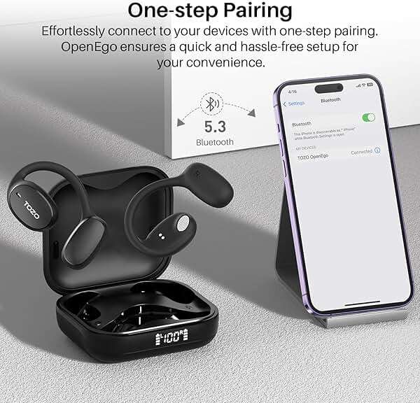 TOZO OpenEgo Open Ear Earbuds Bluetooth Headphones, 5.3 Bluetooth Sport Earbuds with Earhooks for 80Hrs Playtime,32 EQ Modes, Digital Display, Clear Calls, Comfortable Wear for Running, Work, Black - Image 5