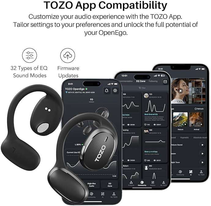 TOZO OpenEgo Open Ear Earbuds Bluetooth Headphones, 5.3 Bluetooth Sport Earbuds with Earhooks for 80Hrs Playtime,32 EQ Modes, Digital Display, Clear Calls, Comfortable Wear for Running, Work, Black - Image 7