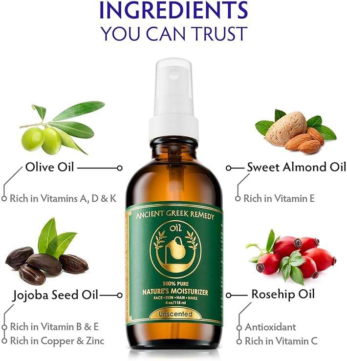 Ancient Greek Remedy Face Oil for Dry Skin - Organic Unscented Anti-Aging Serum - Jojoba, Rosehip, Almond, Olive, Vitamin E - Facial Gua Sha oil - Natural Body Moisturizer for Women & Men 4 oz - Image 3