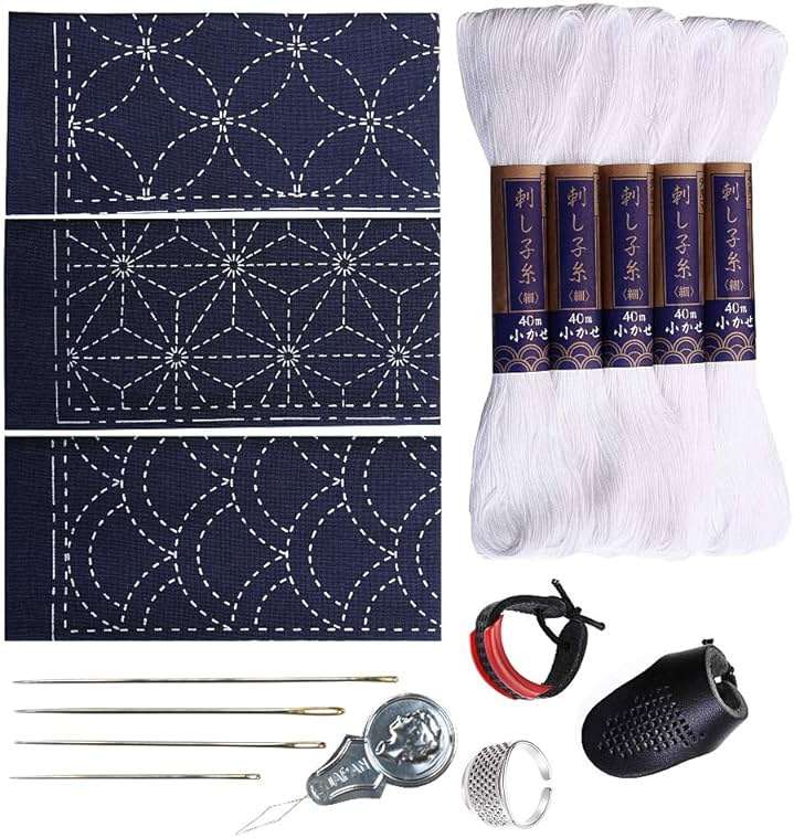 Sashiko kit, Yokota Sashiko Thread, Needles and Template Yume Fukin with Original English Manual, Thimble Sewing Set, Fabric, Japanese Textile (White Thread / Navy Dishcloth) - Image 1