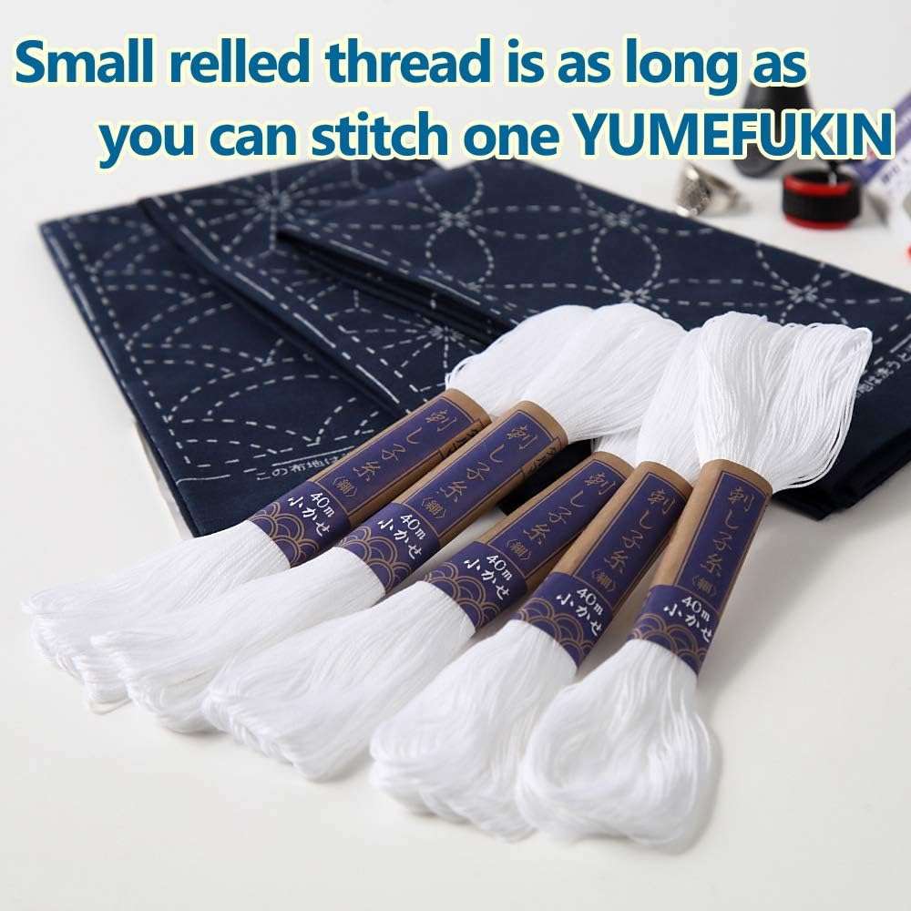 Sashiko kit, Yokota Sashiko Thread, Needles and Template Yume Fukin with Original English Manual, Thimble Sewing Set, Fabric, Japanese Textile (White Thread / Navy Dishcloth) - Image 2