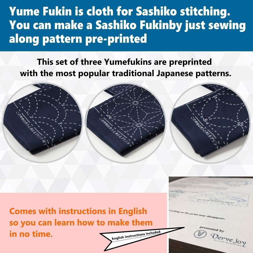 Sashiko kit, Yokota Sashiko Thread, Needles and Template Yume Fukin with Original English Manual, Thimble Sewing Set, Fabric, Japanese Textile (White Thread / Navy Dishcloth) - Image 3