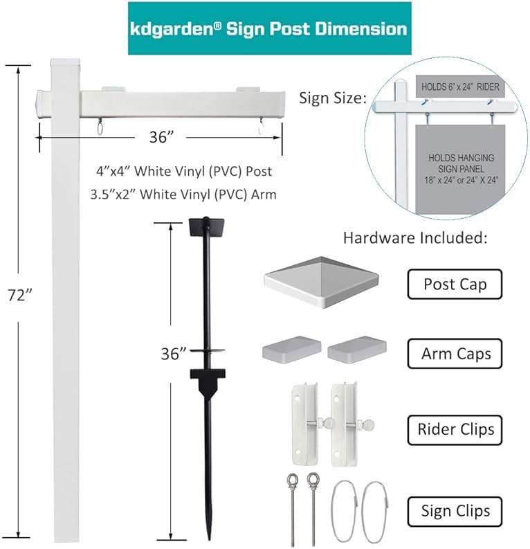 Kdgarden Vinyl PVC Real Estate Sign Post 6ft. Tall (4"x 4"x 72") Realtor Yard Sign Post for Open House and Home for Sale, 36" Arm Holds Up to 24" Sign, White with Flat Cap(No Sign) - Image 2