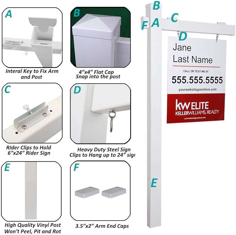 Kdgarden Vinyl PVC Real Estate Sign Post 6ft. Tall (4"x 4"x 72") Realtor Yard Sign Post for Open House and Home for Sale, 36" Arm Holds Up to 24" Sign, White with Flat Cap(No Sign) - Image 5