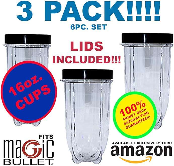16oz Cups 6 Piece Set - 3 Replacement Cups WITH LIDS for Magic Bullet Blender LIDS INCLUDED - Image 2
