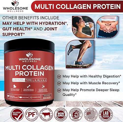 Wholesome Wellness Premium Multi Collagen Peptides Powder for Women and Men | 5 Types of Hydrolyzed Collagen | Grass-Fed, Non-GMO & Unflavored | Pure Protein for Youthful Skin & Joint Recovery - Image 6