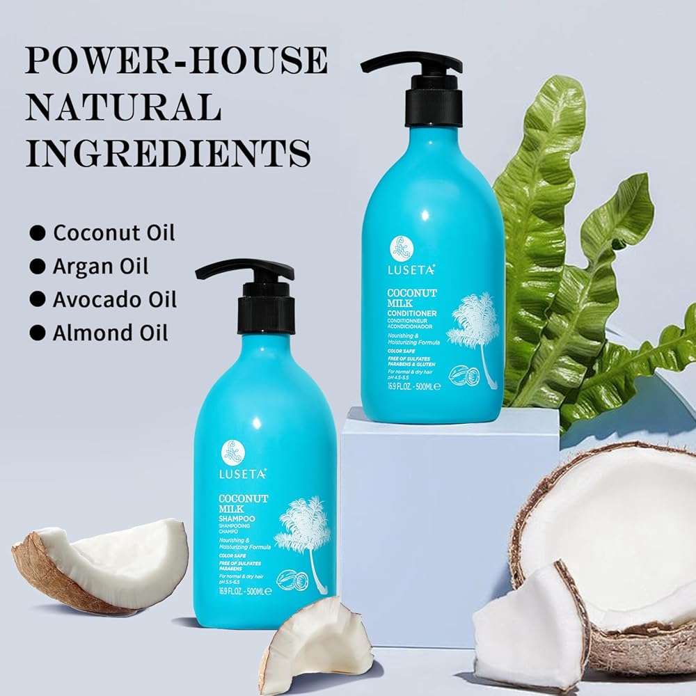 Luseta Coconut Oil Shampoo and Conditioner Set – with Argan, Avocado & Almond Oil – Moisturizing, Frizz Control & Split End Repair Sulfate Free, Color Safe for All Hair Types 16.9oz*2 - Image 2