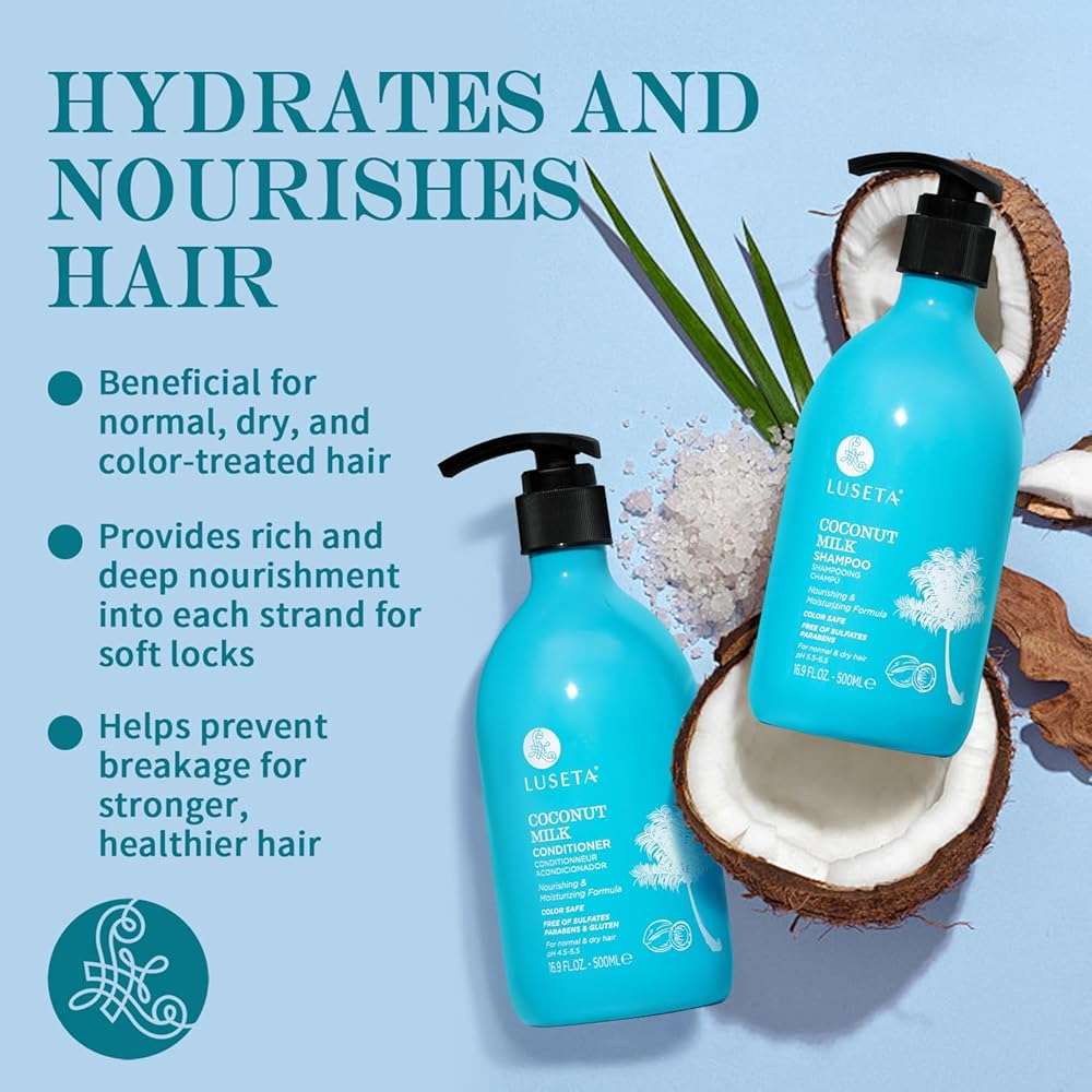Luseta Coconut Oil Shampoo and Conditioner Set – with Argan, Avocado & Almond Oil – Moisturizing, Frizz Control & Split End Repair Sulfate Free, Color Safe for All Hair Types 16.9oz*2 - Image 4