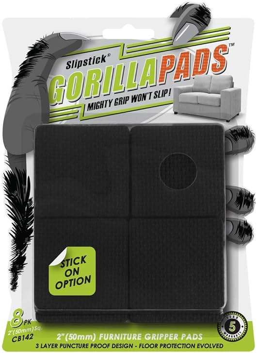Slipstick GorillaPads CB142 Non-Slip Furniture Pads/Grippers (Set of 8) Furniture Leg Floor Protectors, 2 Inch Square, Black - Image 1