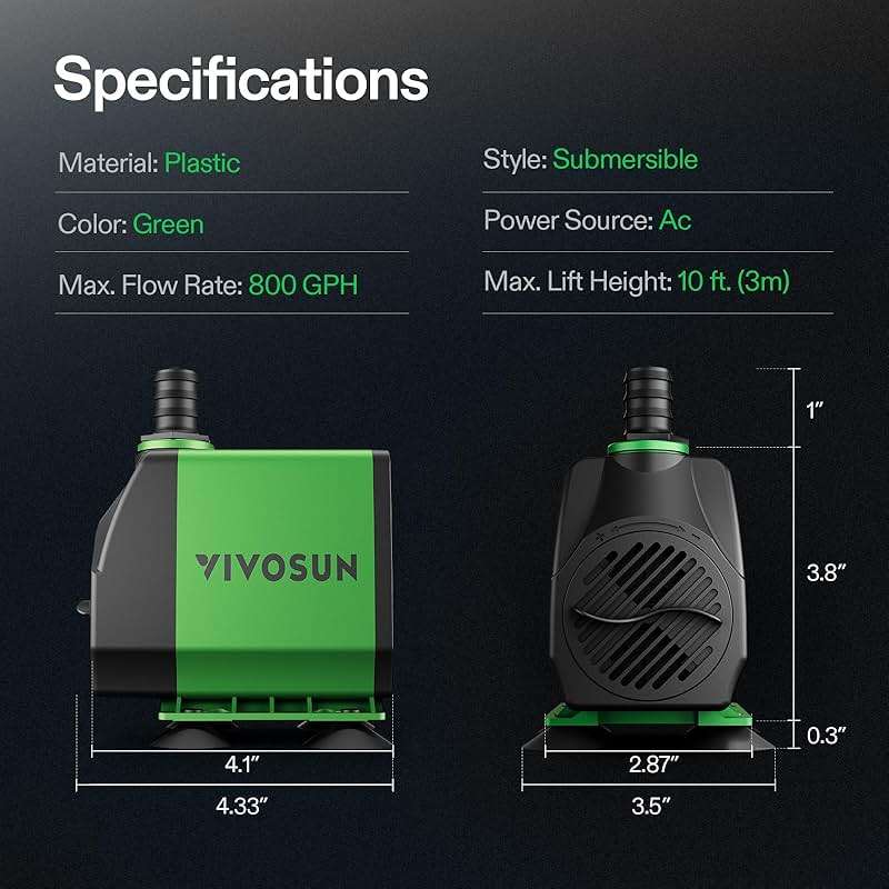VIVOSUN 800GPH Submersible Pump(3000L/H, 24W), Ultra Quiet Water Fountain Pump with 10ft. High Lift with 6.5ft. Power Cord, 3 Nozzles for Fish Tank, Pond, Aquarium, Statuary, Hydroponics Green - Image 2