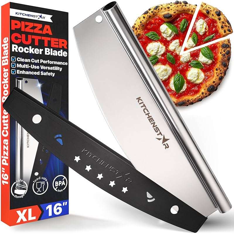 KitchenStar 16-Inch Pizza Cutter Rocker Blade - Sharp Stainless Steel Slicer Knife, Protective Cover, Dishwasher Safe, Large - Professional Pizza Oven Accessories - Image 1