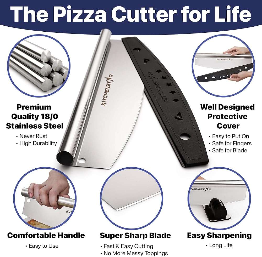 KitchenStar 16-Inch Pizza Cutter Rocker Blade - Sharp Stainless Steel Slicer Knife, Protective Cover, Dishwasher Safe, Large - Professional Pizza Oven Accessories - Image 3