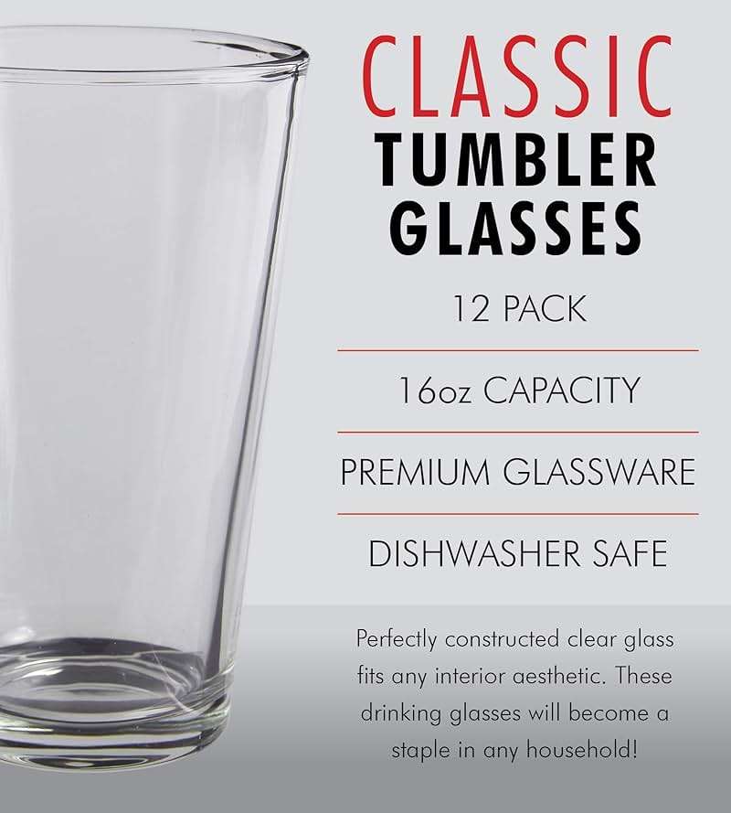 Kitchen Lux Pint Beer Glasses Set of 12 – 16 oz Tall Clear Drinking Glasses and All Purpose Tumblers – Heavy Base Cocktail, Water, Juice Glass – Pub Style Design For Home Dining, Bars, and Parties - Image 3
