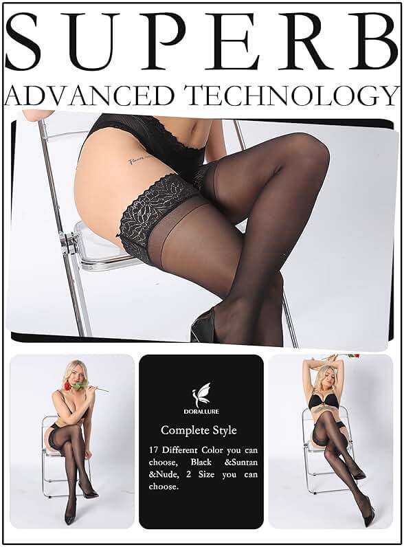 DORALLURE Thigh High Stockings Silicone Lace Top Stay Up Silky Semi Sheer Pantyhose for Women Hold Up Nylon - Image 5