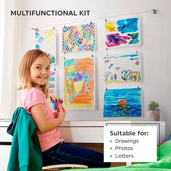 Art Display for Kids Artwork - 10ft Alloy Steel Wire with 48 Clips | Willow & Eva - Image 2