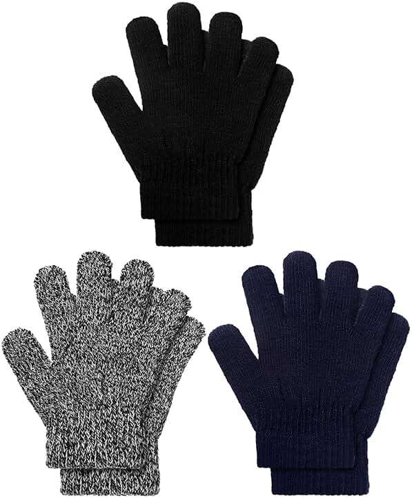 EBOOT 3 Pairs Winter Knit Gloves for Kids Stretchy Full Finger Fluffy Mittens for Toddler Boys Girls 1-11 Years - Image 1