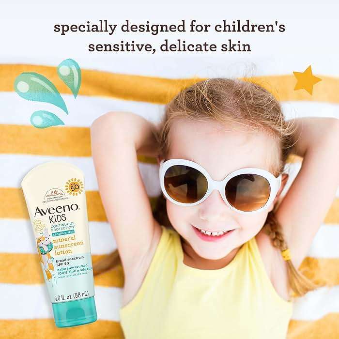 Aveeno Kids Continuous Protection Zinc Oxide Broad Spectrum Sunscreen Lotion for Kids’ Sensitive Skin. SPF 50 Oxybenzone Free Sunscreen, Tear- and Sweat-Free and Water-Resistant, Non-Greasy, 3 Fl Oz - Image 3