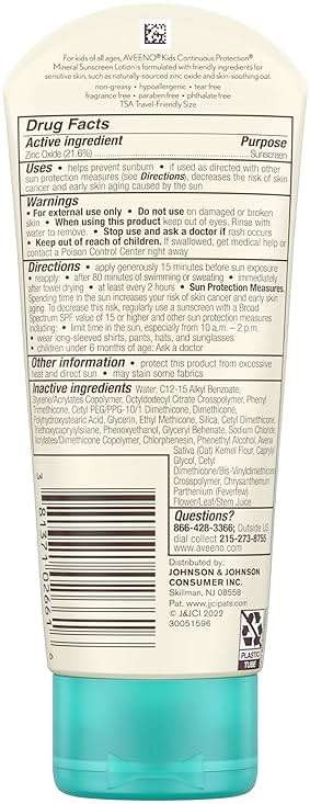 Aveeno Kids Continuous Protection Zinc Oxide Broad Spectrum Sunscreen Lotion for Kids’ Sensitive Skin. SPF 50 Oxybenzone Free Sunscreen, Tear- and Sweat-Free and Water-Resistant, Non-Greasy, 3 Fl Oz - Image 9