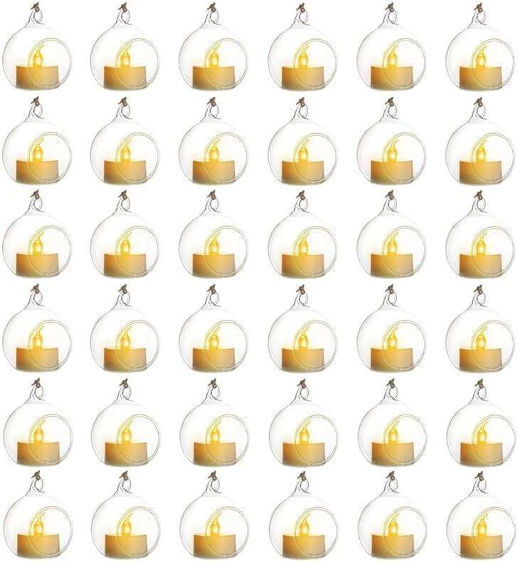 Sziqiqi Hanging Glass Globes Orbs Tea Light Candle Holders with Flameless LED Tealight for Wedding Ornaments, Wedding Birthday Christmas Party Centerpiece Accessory 2.36inch 30pcs +6 Extra - Image 1