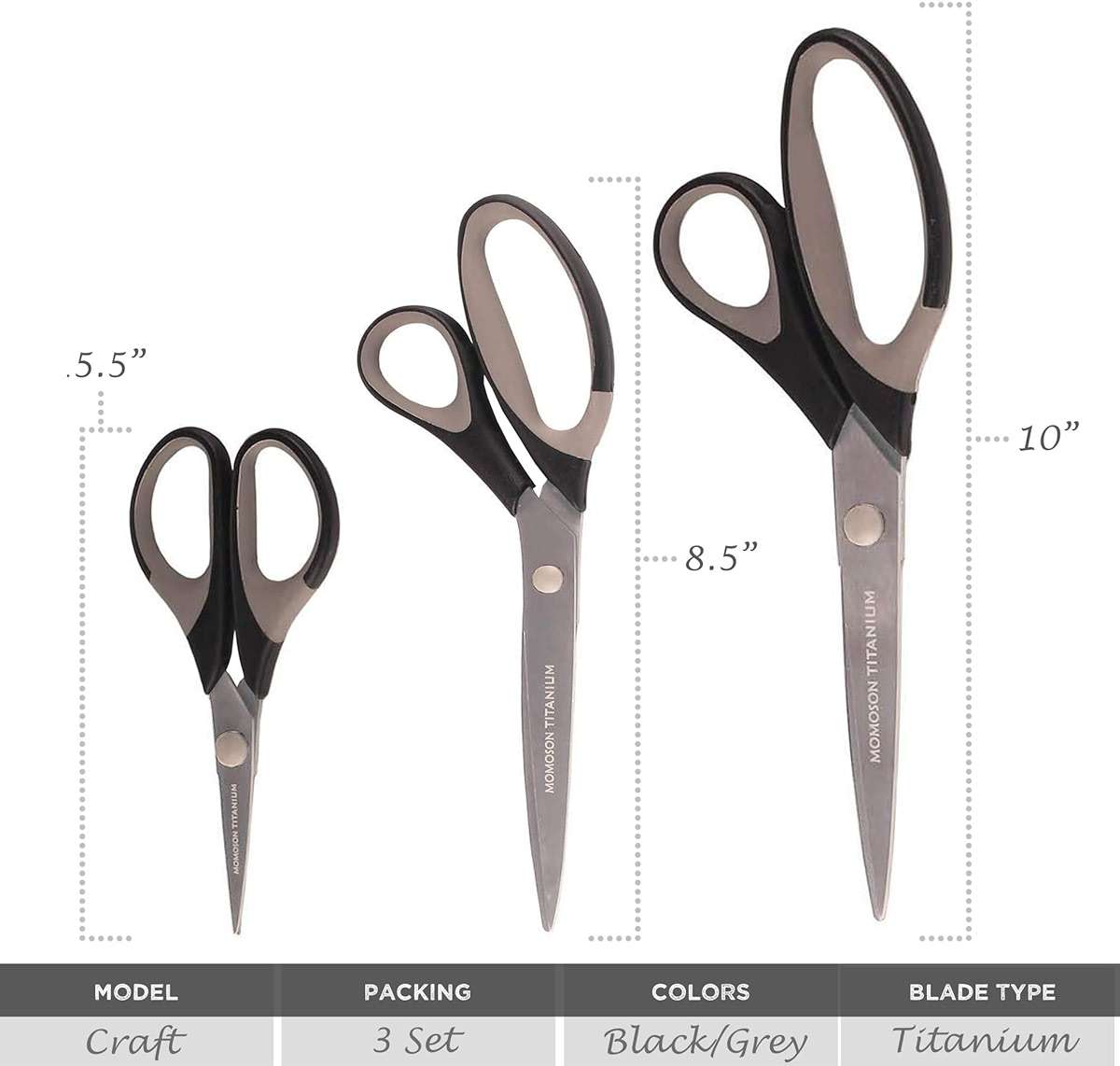 BambooMN Titanium Softgrip Scissors Set for Sewing, Arts, Crafts, Office - 1 Set of 3 - Black w/Grey Inlays - Image 3