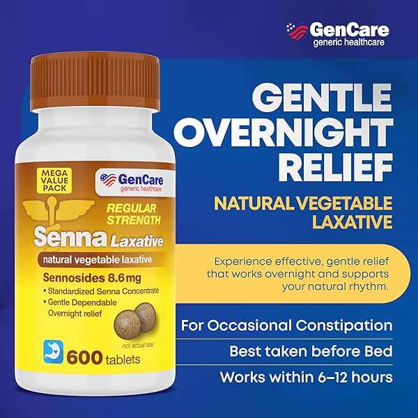 GenCare Senna Laxative 600 Tablets Senna 8.6mg Tablets with Natural Sennosides | Laxatives for Constipation, Bloating, Gas & Irregularity Relief. Safe & Effective | Generic for Senokot - Image 2