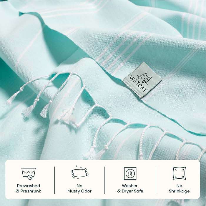 WETCAT Turkish Beach Towel Oversized (38"x71") 100% Turkish Cotton, Made in Turkey - Sand Free, Extra Large, Ultra Soft, Quick Drying, Compact & Lightweight for Travel - Aqua - Image 6
