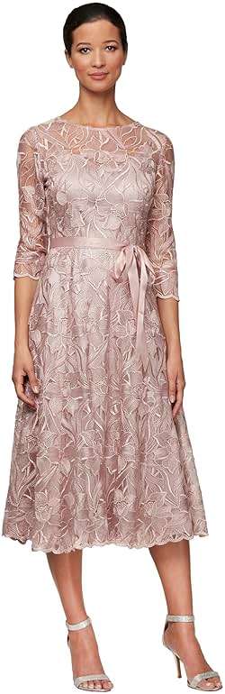 Alex Evenings Womens Tea Length Embroidered Cocktail Dress with Illusion Sleeves, Wedding Guest (Petite and Regular Sizes) - Image 2