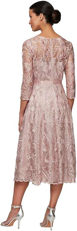 Alex Evenings Womens Tea Length Embroidered Cocktail Dress with Illusion Sleeves, Wedding Guest (Petite and Regular Sizes) - Image 3