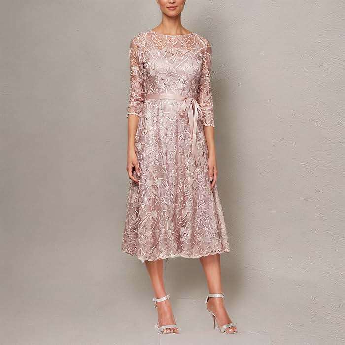 Alex Evenings Womens Tea Length Embroidered Cocktail Dress with Illusion Sleeves, Wedding Guest (Petite and Regular Sizes) - Image 4