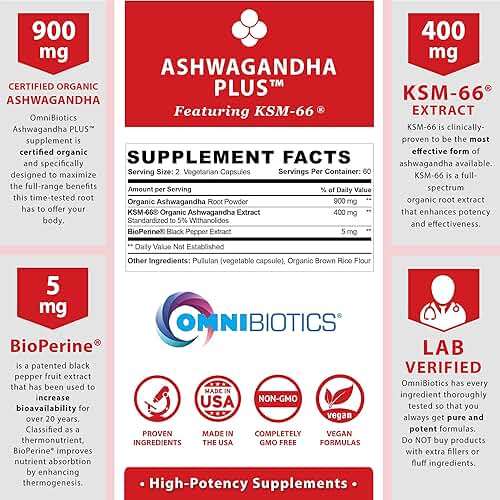 OmniBiotics Organic Ashwagandha Supplement – 1300mg Total Strength – 900mg Organic Root Powder & 400mg KSM-66 Extract – Stress Relief, Mood & Sleep Support – Non-GMO – 120 Vegan Capsules - Image 2