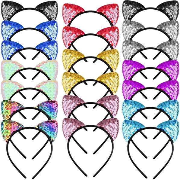 WXJ13 20 Pieces Cat Ears Headbands Reversible sequin headband Cute Cat Headbands - Image 1