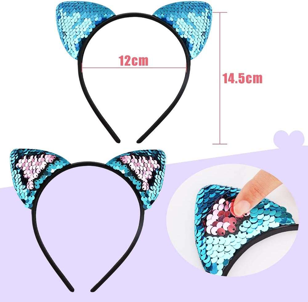 WXJ13 20 Pieces Cat Ears Headbands Reversible sequin headband Cute Cat Headbands - Image 2