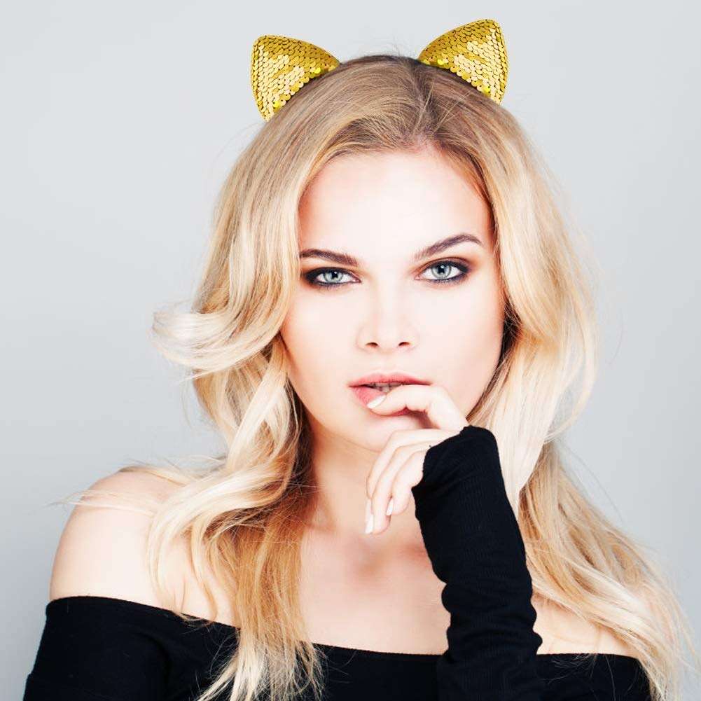 WXJ13 20 Pieces Cat Ears Headbands Reversible sequin headband Cute Cat Headbands - Image 5