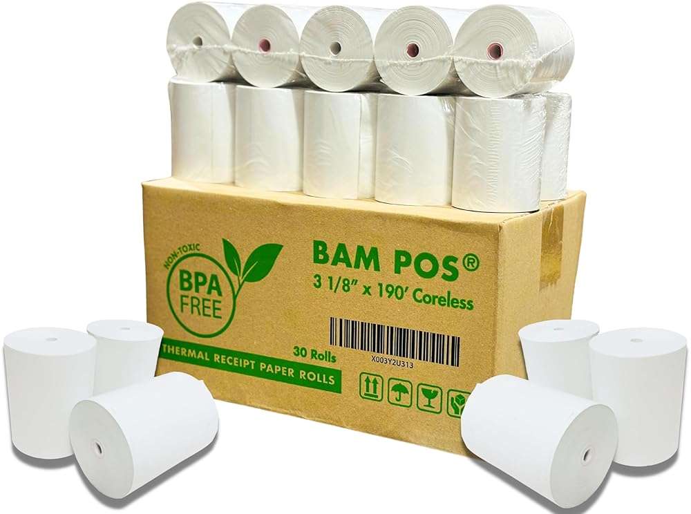 BAM POS 3 1/8" x 190' Thermal Receipt Paper Rolls For Most POS Systems and Receipt Printers, Compatible With Clover Station, Square Station, Toast Station, TM-T88, TSP Series (30 Rolls) - Image 2